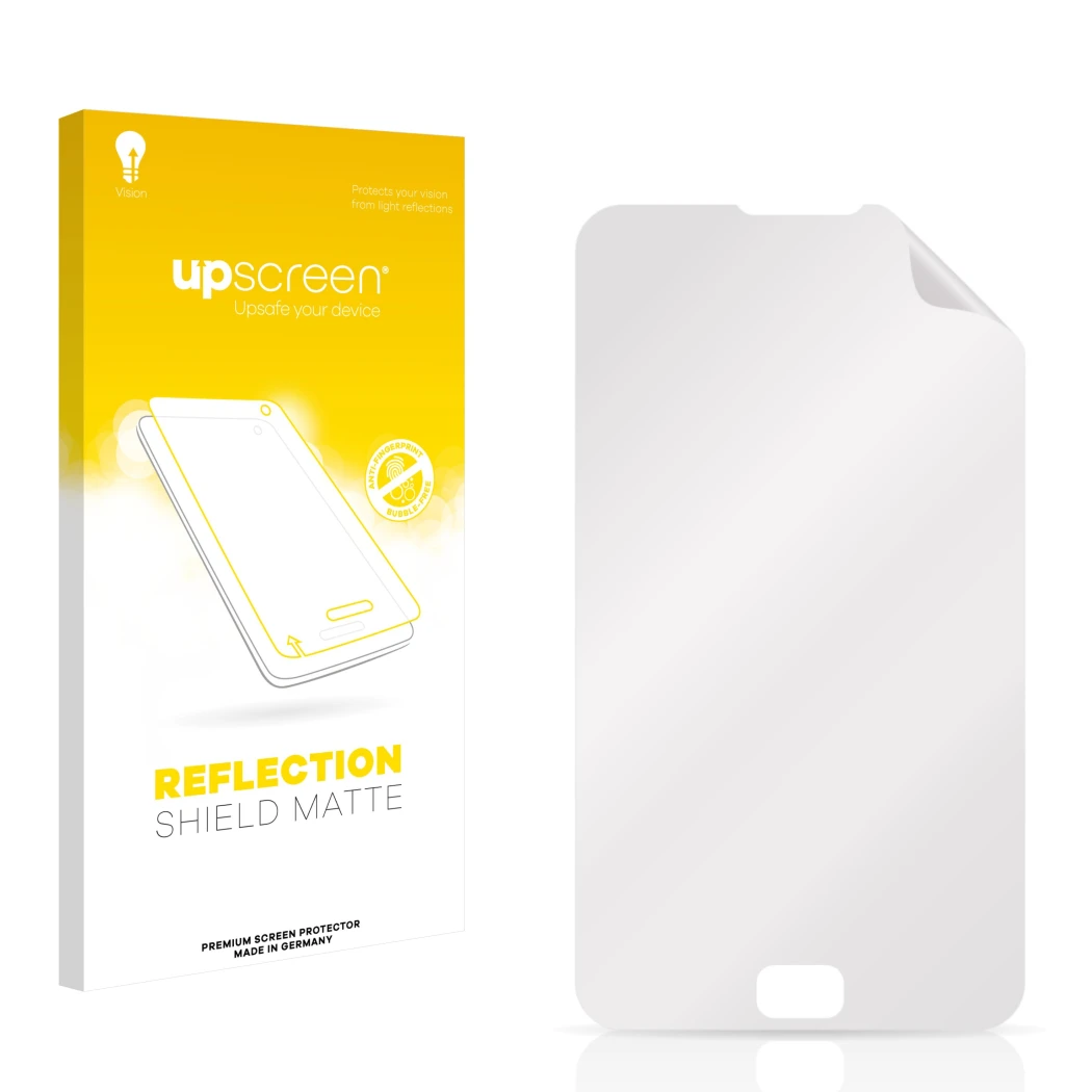 Front side of a product packaging with the brand logo upscreen. Next to it is the corresponding screen protector.