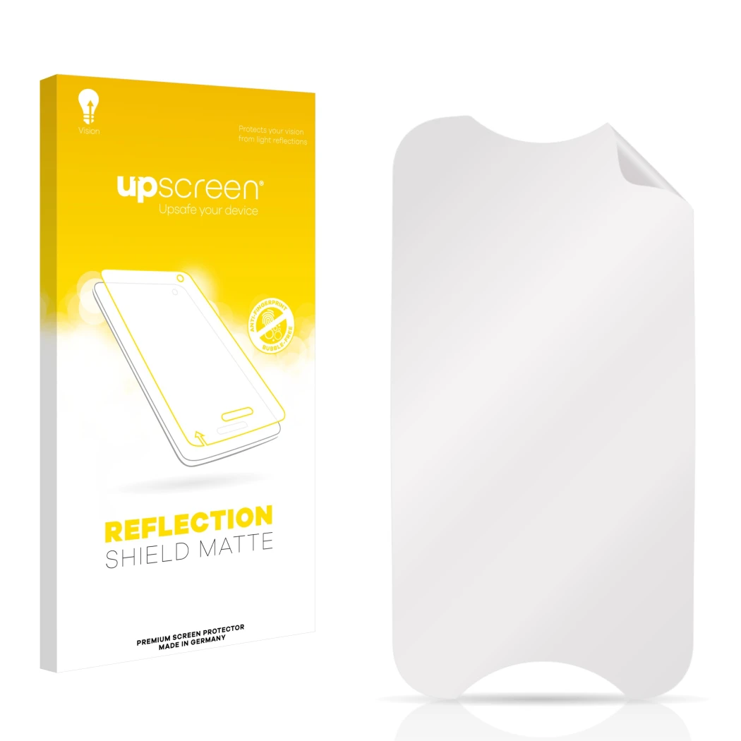 Front side of a product packaging with the brand logo upscreen. Next to it is the corresponding screen protector.