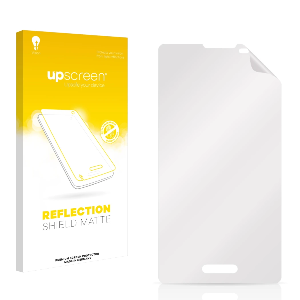 Front side of a product packaging with the brand logo upscreen. Next to it is the corresponding screen protector.