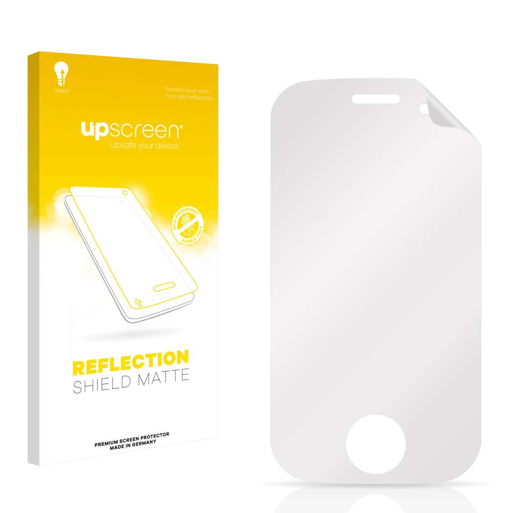 Front side of a product packaging with the brand logo upscreen. Next to it is the corresponding screen protector.