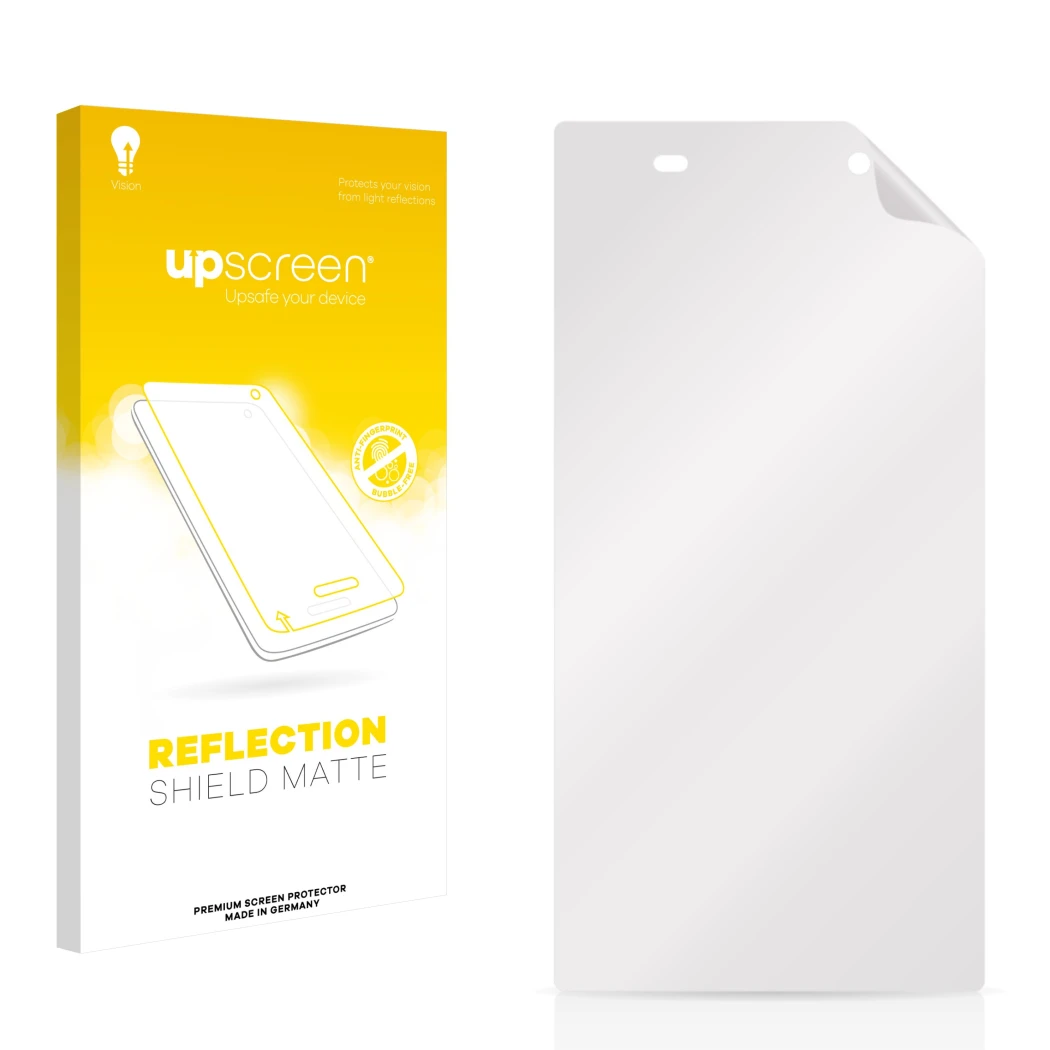Front side of a product packaging with the brand logo upscreen. Next to it is the corresponding screen protector.