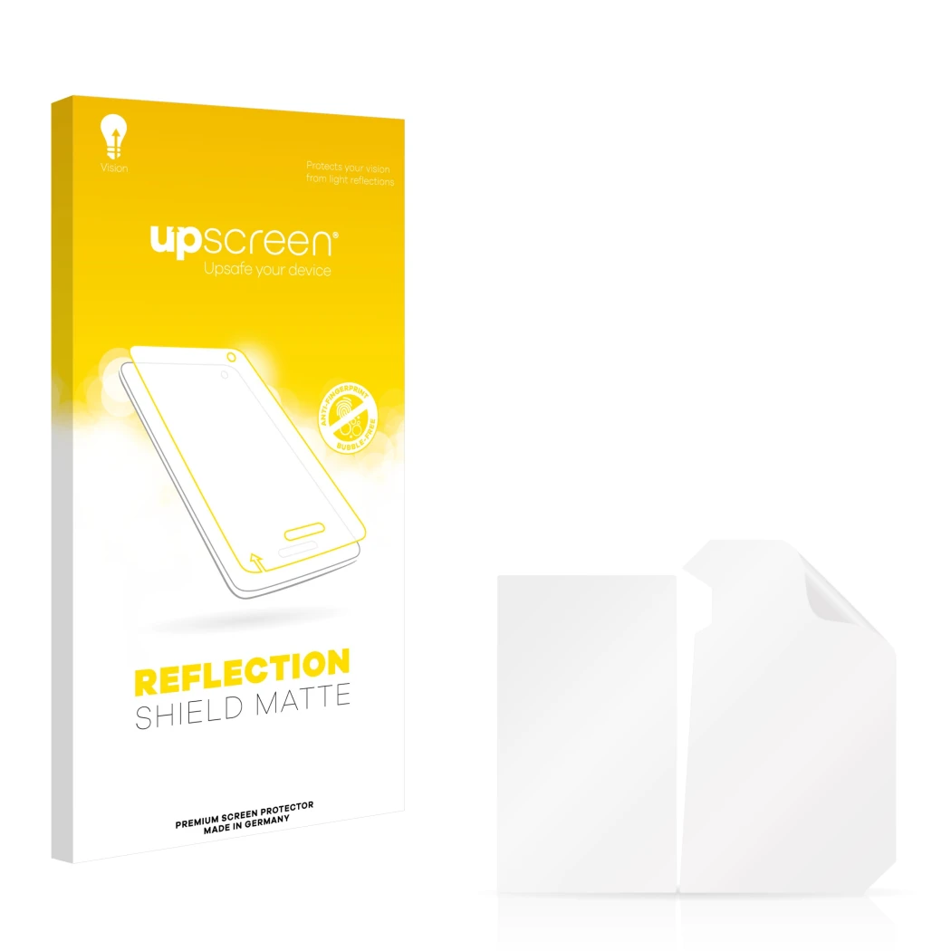 Front side of a product packaging with the brand logo upscreen. Next to it is the corresponding screen protector.