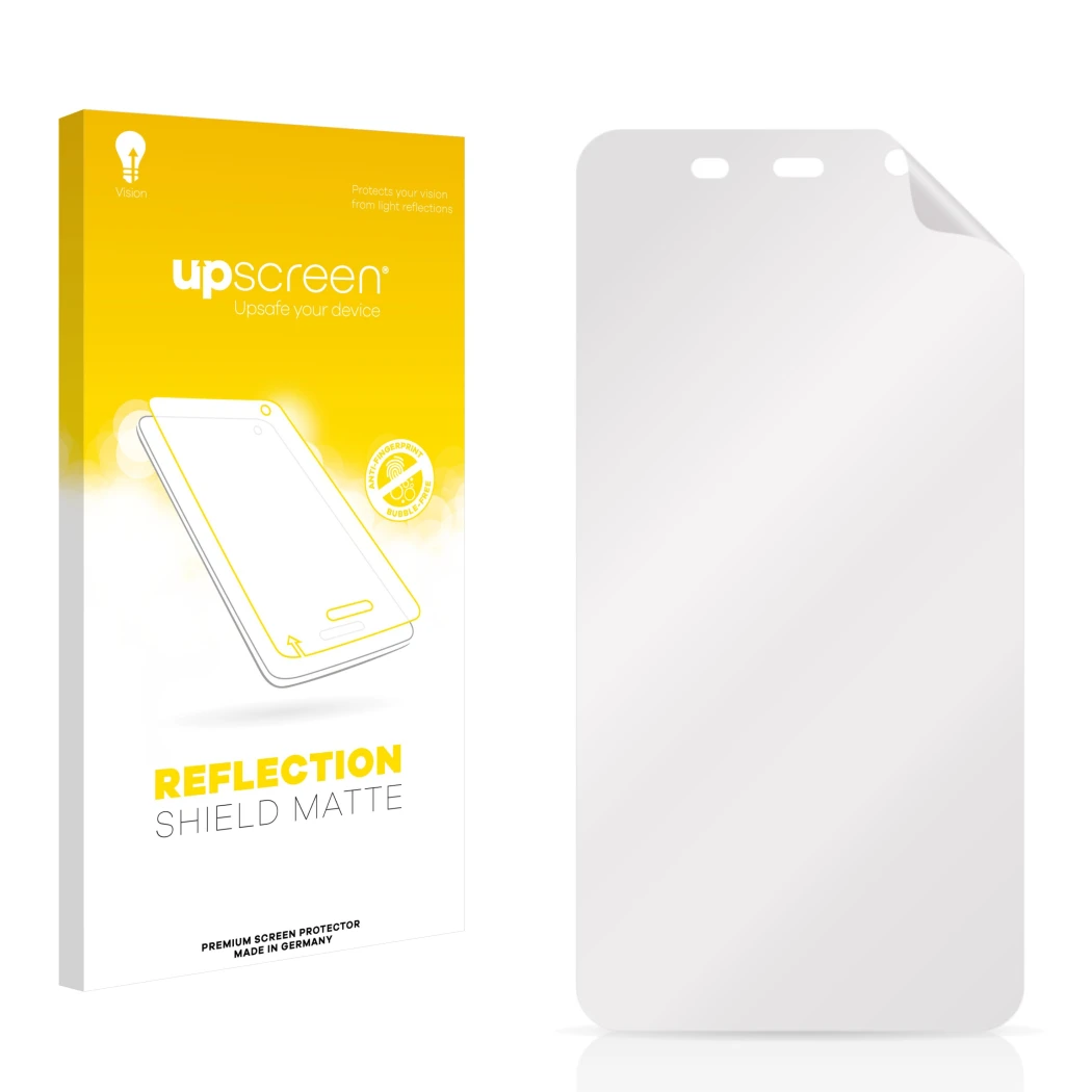 Front side of a product packaging with the brand logo upscreen. Next to it is the corresponding screen protector.