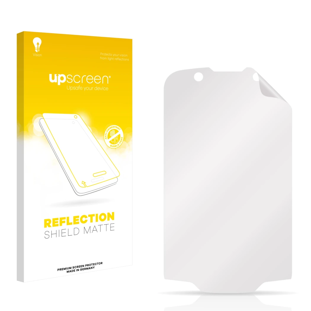 Front side of a product packaging with the brand logo upscreen. Next to it is the corresponding screen protector.