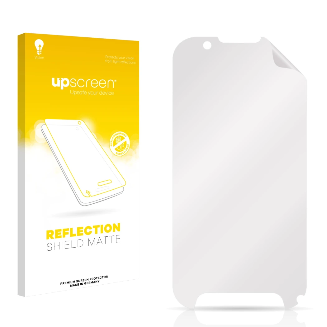 Front side of a product packaging with the brand logo upscreen. Next to it is the corresponding screen protector.