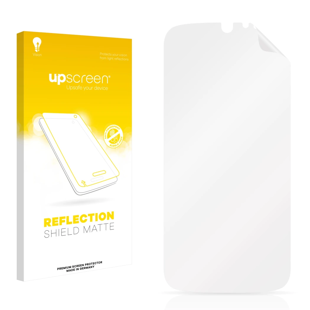Front side of a product packaging with the brand logo upscreen. Next to it is the corresponding screen protector.