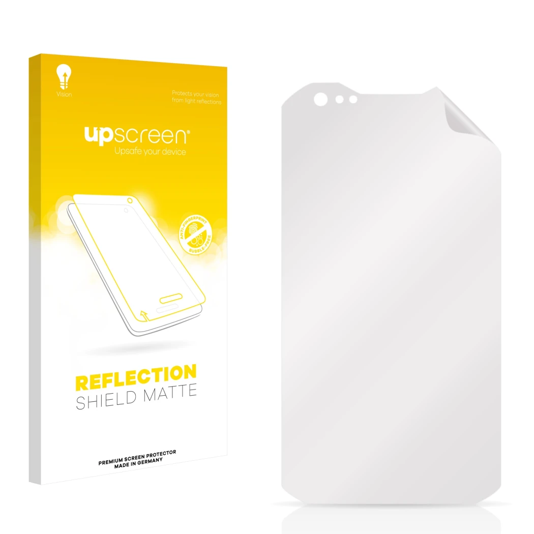 Front side of a product packaging with the brand logo upscreen. Next to it is the corresponding screen protector.