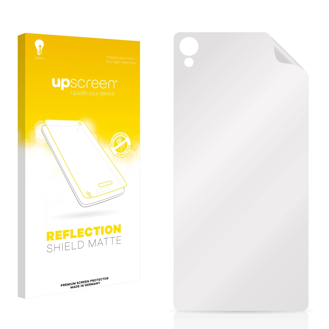 Front side of a product packaging with the brand logo upscreen. Next to it is the corresponding screen protector.
