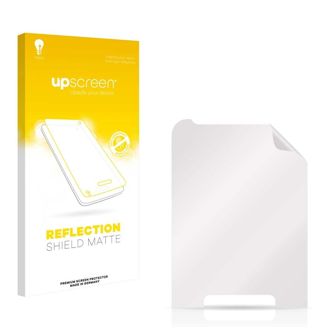 Front side of a product packaging with the brand logo upscreen. Next to it is the corresponding screen protector.