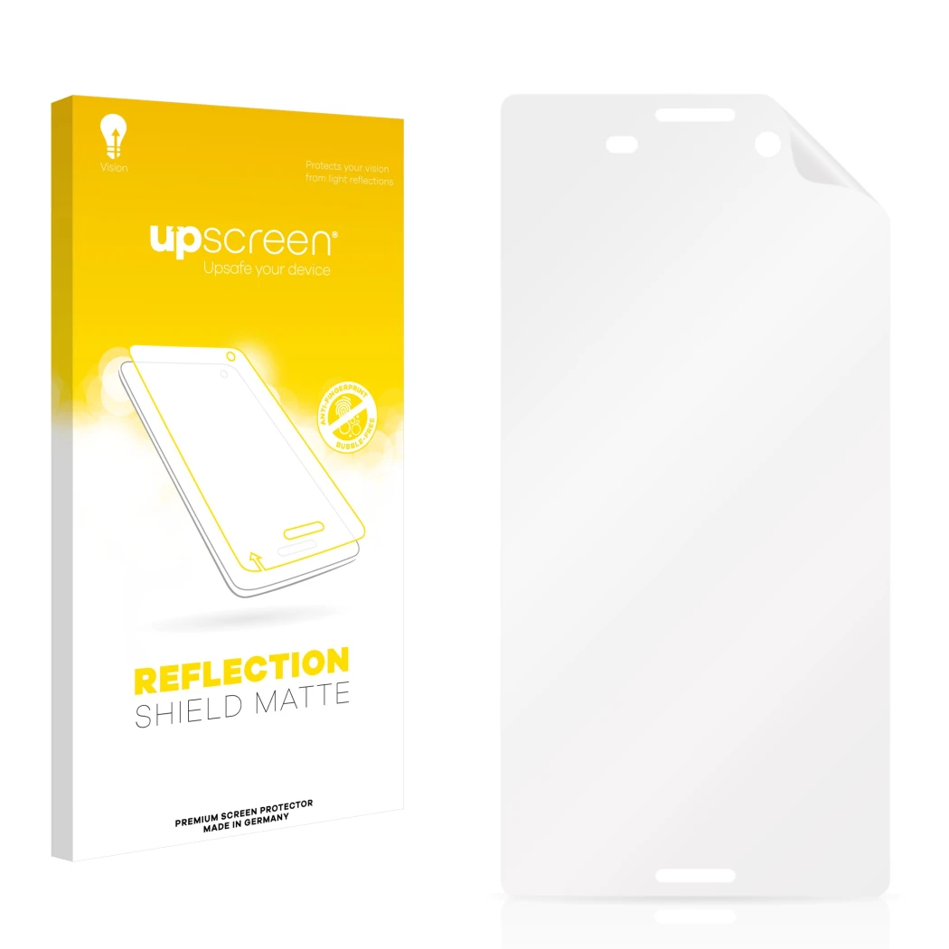 Front side of a product packaging with the brand logo upscreen. Next to it is the corresponding screen protector.