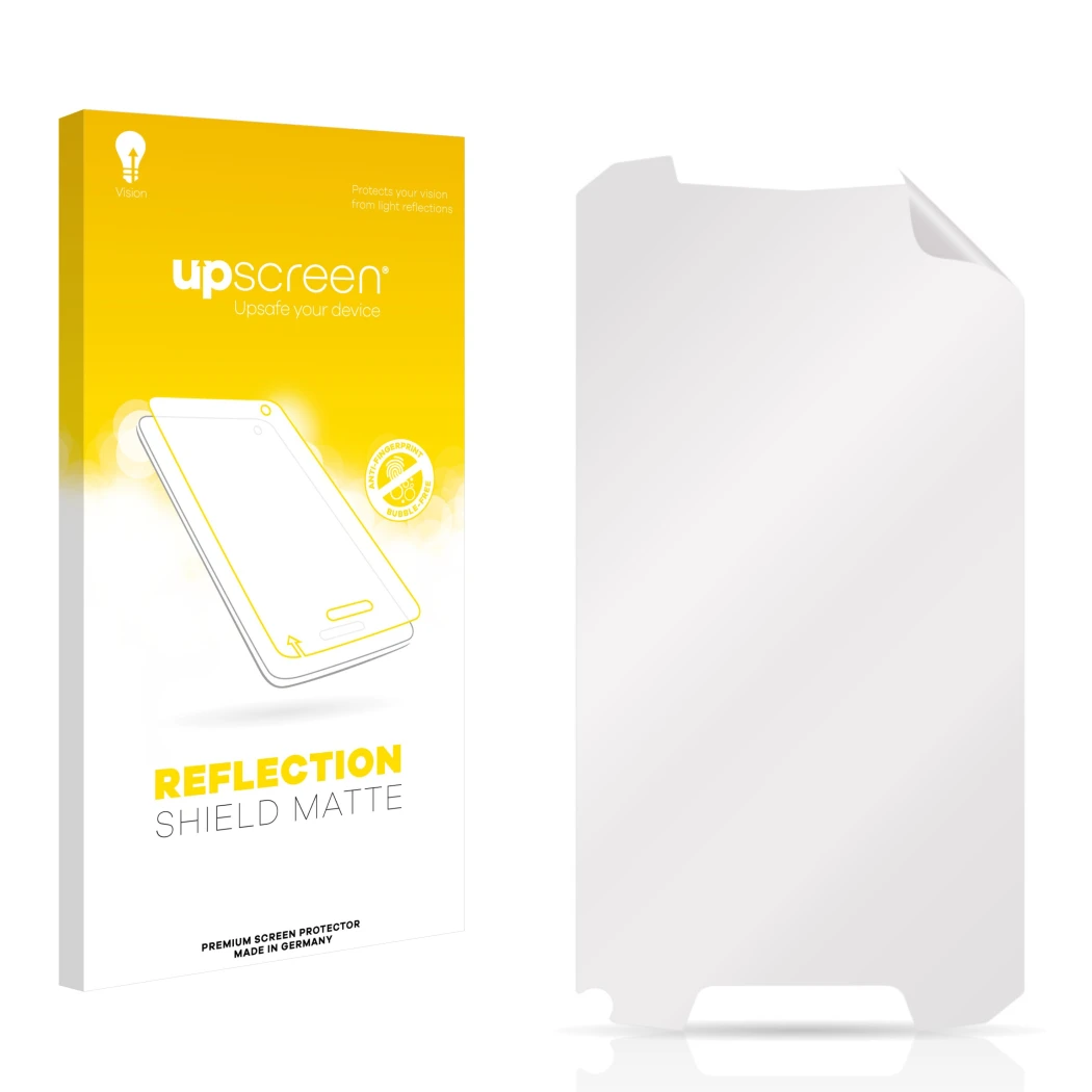Front side of a product packaging with the brand logo upscreen. Next to it is the corresponding screen protector.