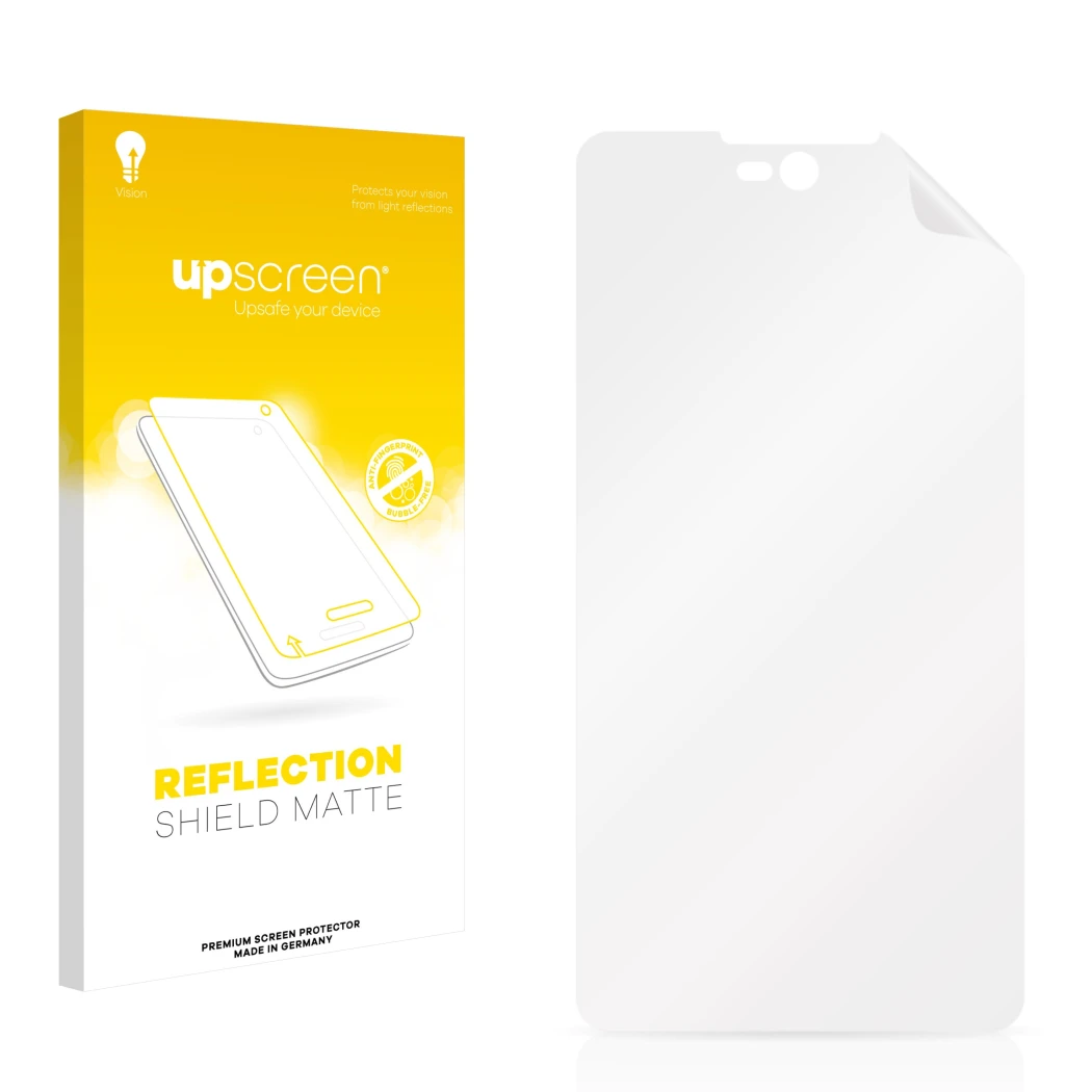 Front side of a product packaging with the brand logo upscreen. Next to it is the corresponding screen protector.