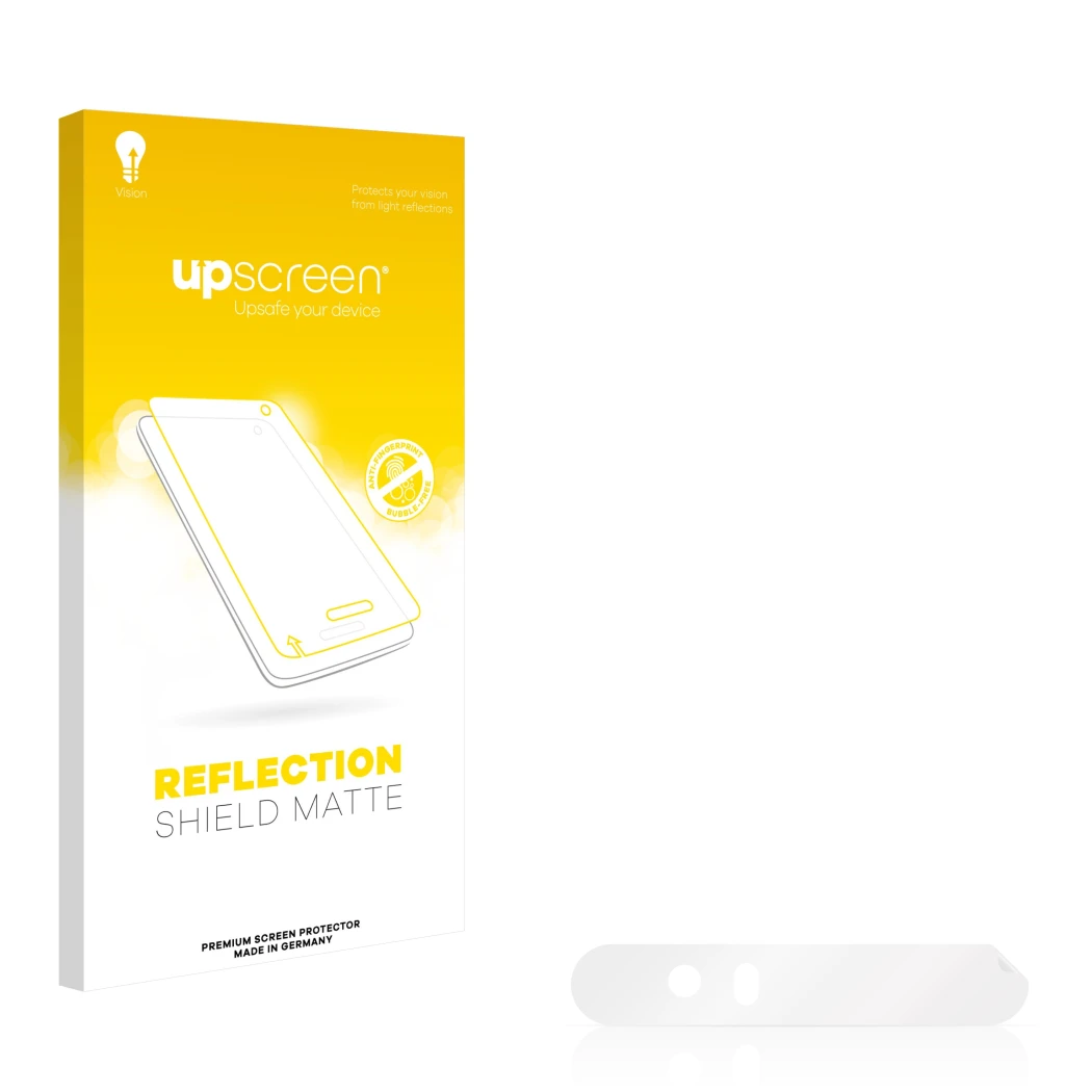 Front side of a product packaging with the brand logo upscreen. Next to it is the corresponding screen protector.