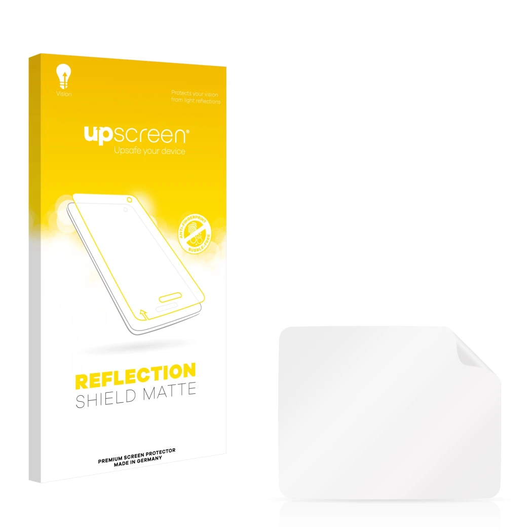 Front side of a product packaging with the brand logo upscreen. Next to it is the corresponding screen protector.