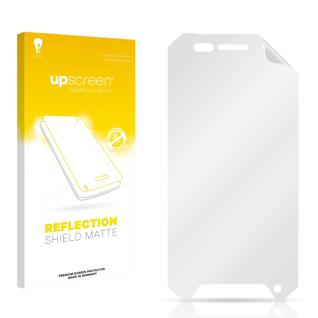 Front side of a product packaging with the brand logo upscreen. Next to it is the corresponding screen protector.
