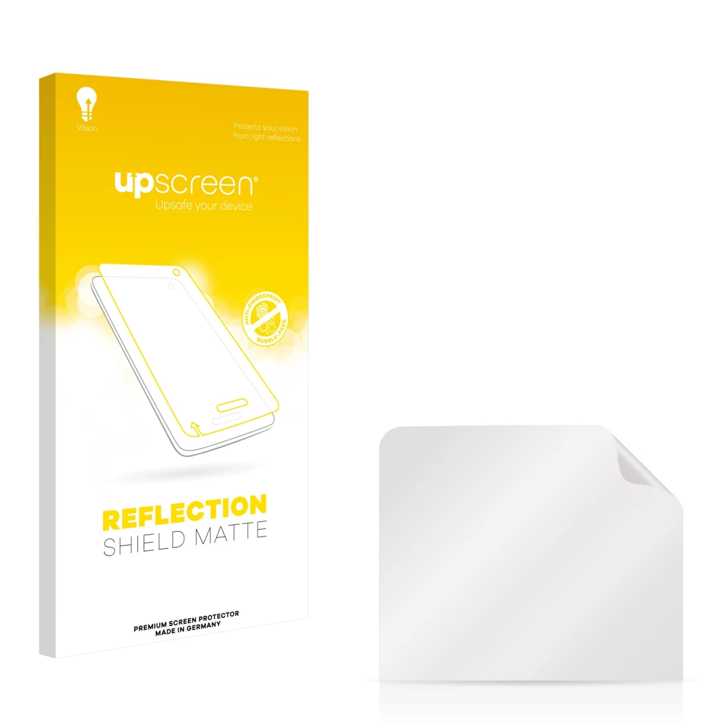 Front side of a product packaging with the brand logo upscreen. Next to it is the corresponding screen protector.
