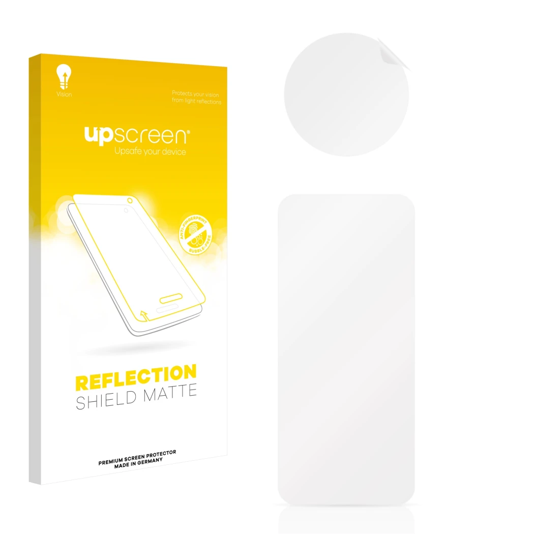 Front side of a product packaging with the brand logo upscreen. Next to it is the corresponding screen protector.