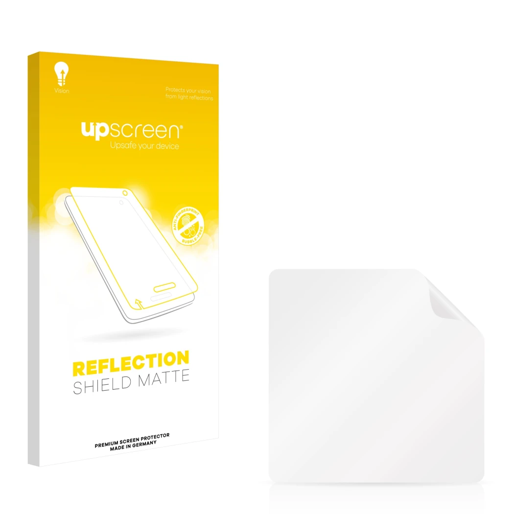 Front side of a product packaging with the brand logo upscreen. Next to it is the corresponding screen protector.