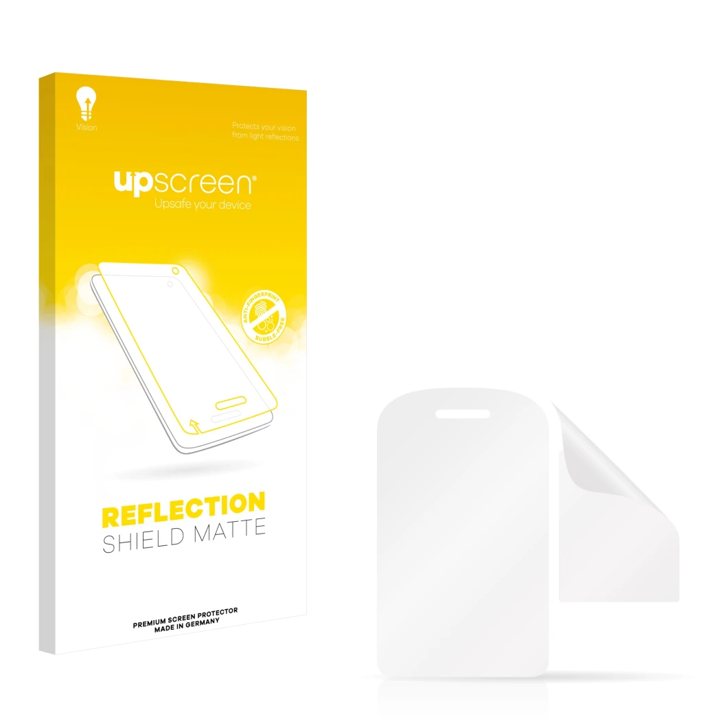 Front side of a product packaging with the brand logo upscreen. Next to it is the corresponding screen protector.