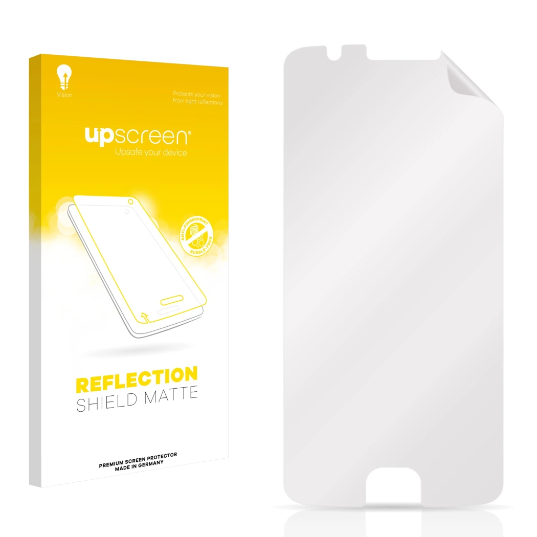 Front side of a product packaging with the brand logo upscreen. Next to it is the corresponding screen protector.