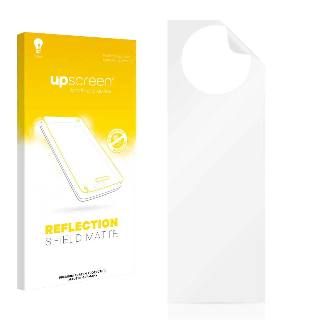 Front side of a product packaging with the brand logo upscreen. Next to it is the corresponding screen protector.
