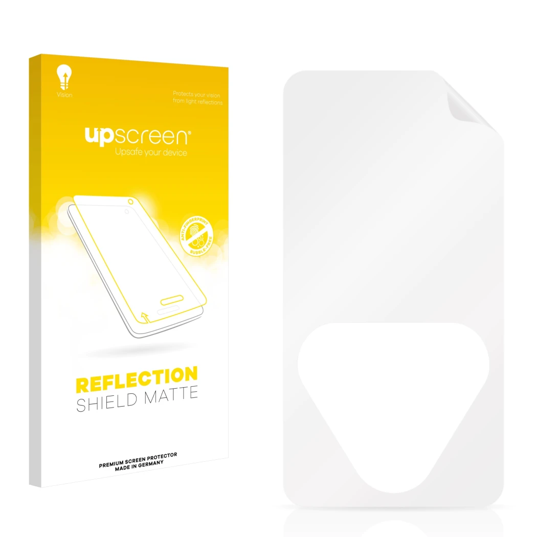 Front side of a product packaging with the brand logo upscreen. Next to it is the corresponding screen protector.