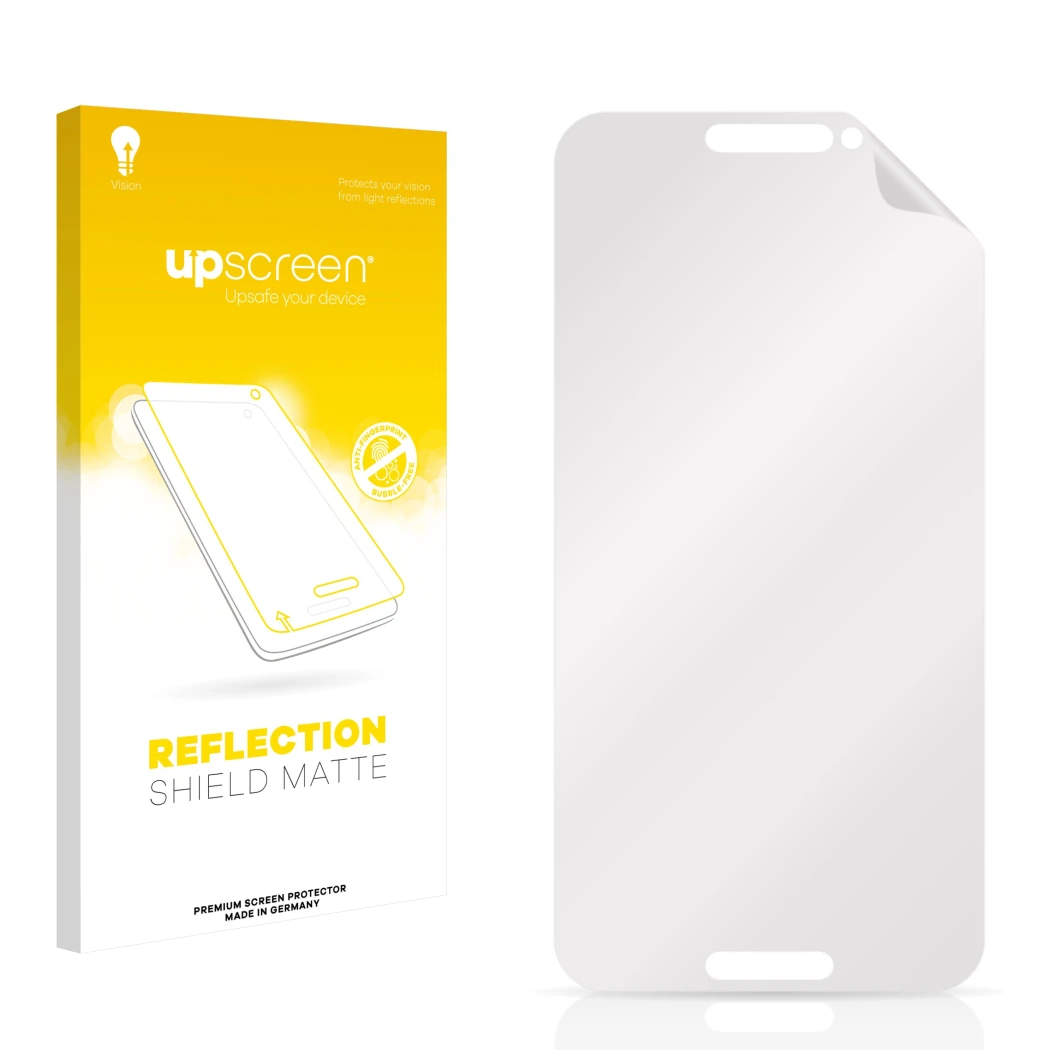 Front side of a product packaging with the brand logo upscreen. Next to it is the corresponding screen protector.
