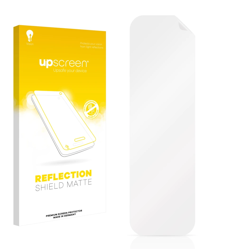 Front side of a product packaging with the brand logo upscreen. Next to it is the corresponding screen protector.