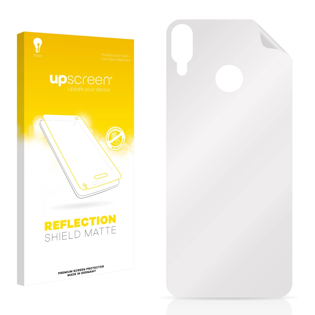 Front side of a product packaging with the brand logo upscreen. Next to it is the corresponding screen protector.
