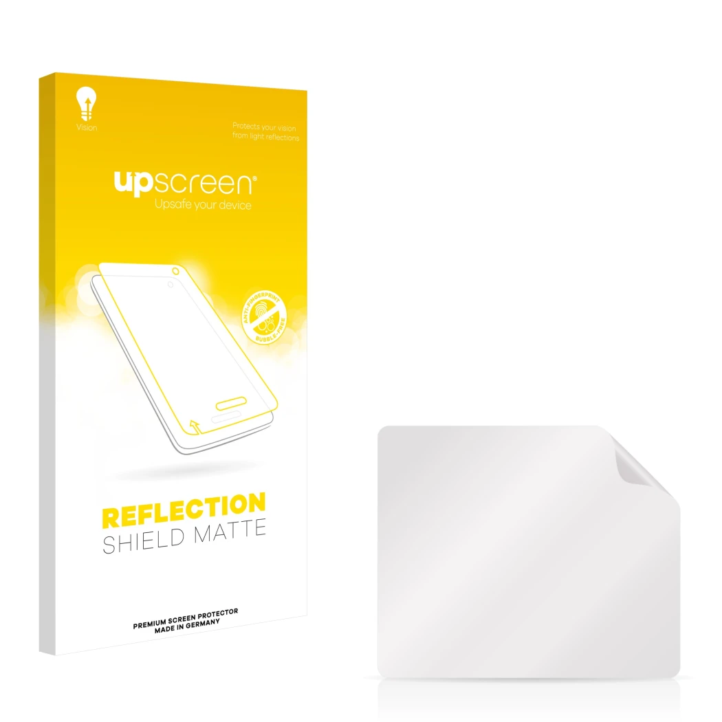 Front side of a product packaging with the brand logo upscreen. Next to it is the corresponding screen protector.
