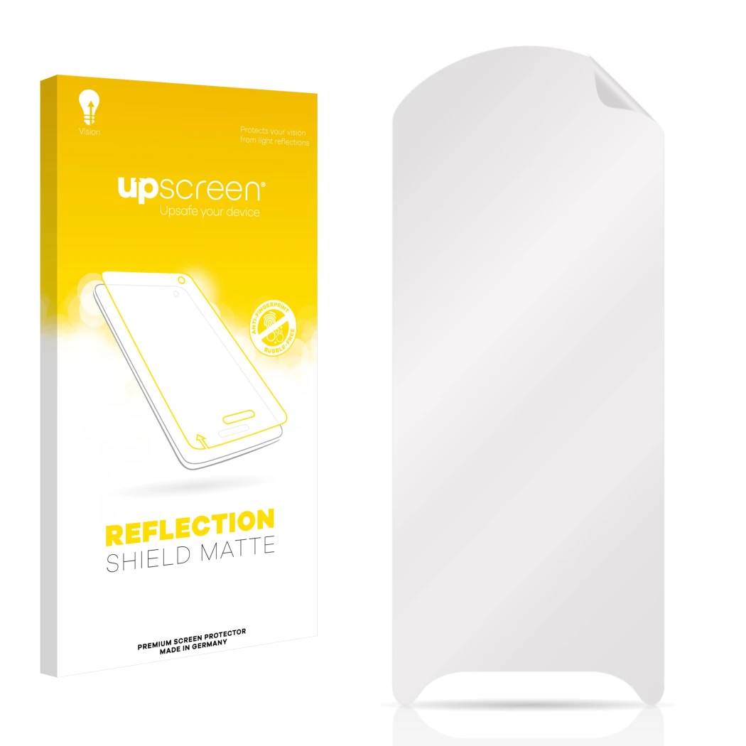 Front side of a product packaging with the brand logo upscreen. Next to it is the corresponding screen protector.