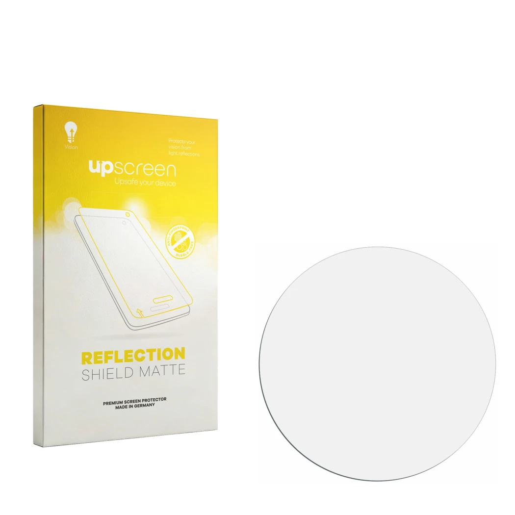 Front side of a product packaging with the brand logo upscreen. Next to it is the corresponding screen protector.