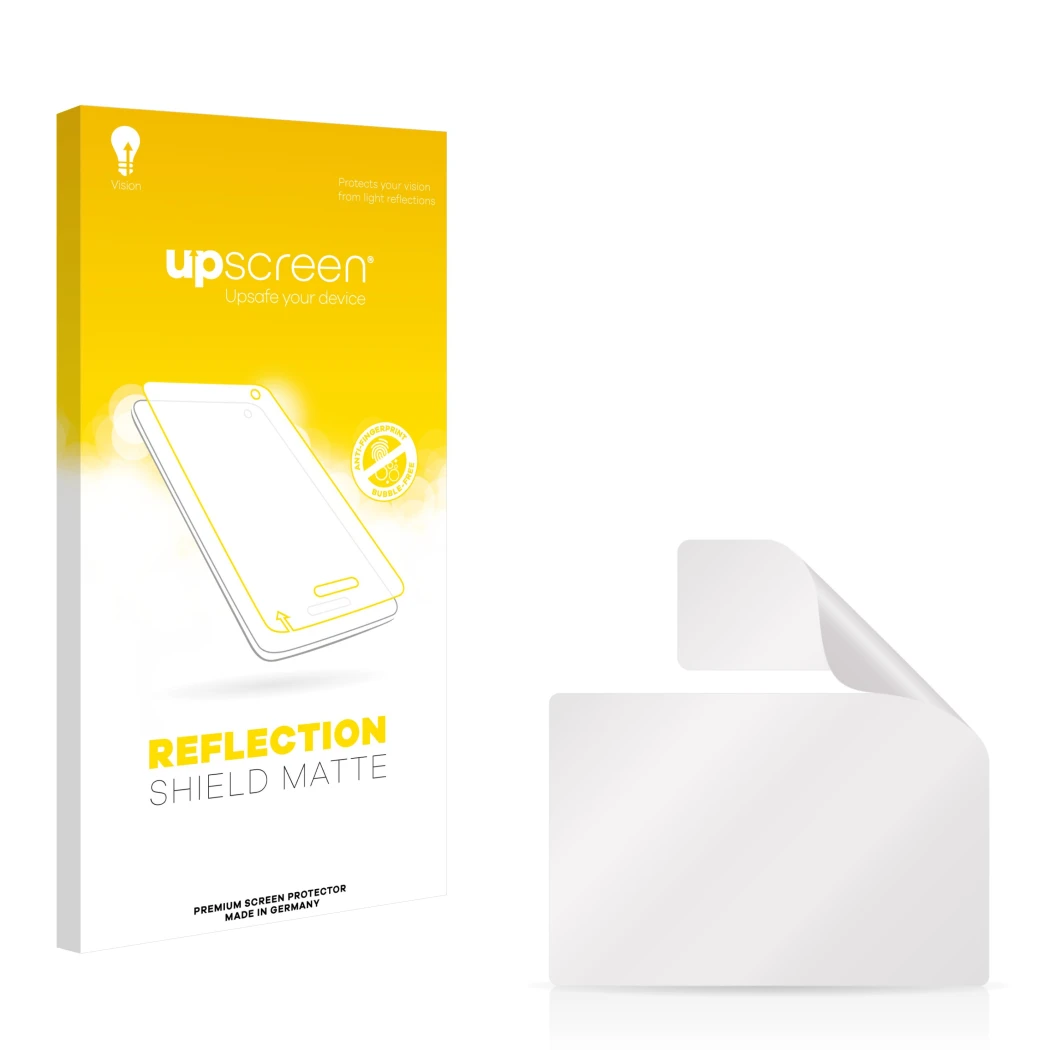 Front side of a product packaging with the brand logo upscreen. Next to it is the corresponding screen protector.