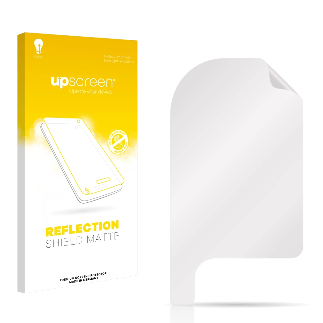 Front side of a product packaging with the brand logo upscreen. Next to it is the corresponding screen protector.