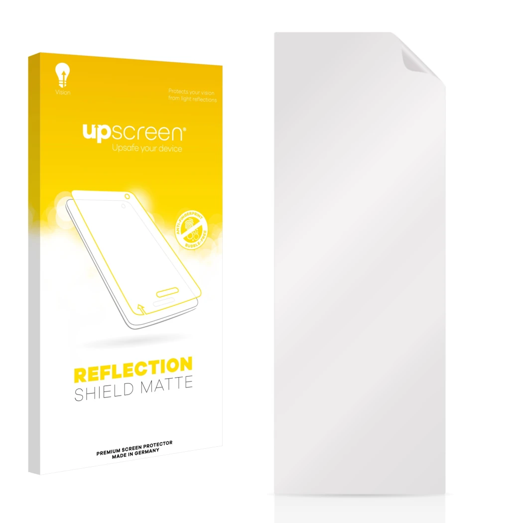 Front side of a product packaging with the brand logo upscreen. Next to it is the corresponding screen protector.
