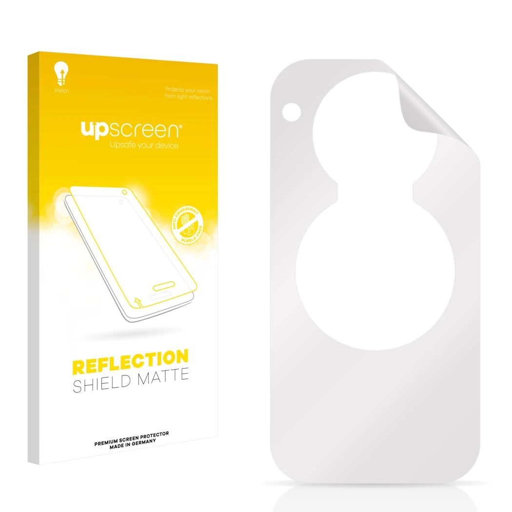 Front side of a product packaging with the brand logo upscreen. Next to it is the corresponding screen protector.
