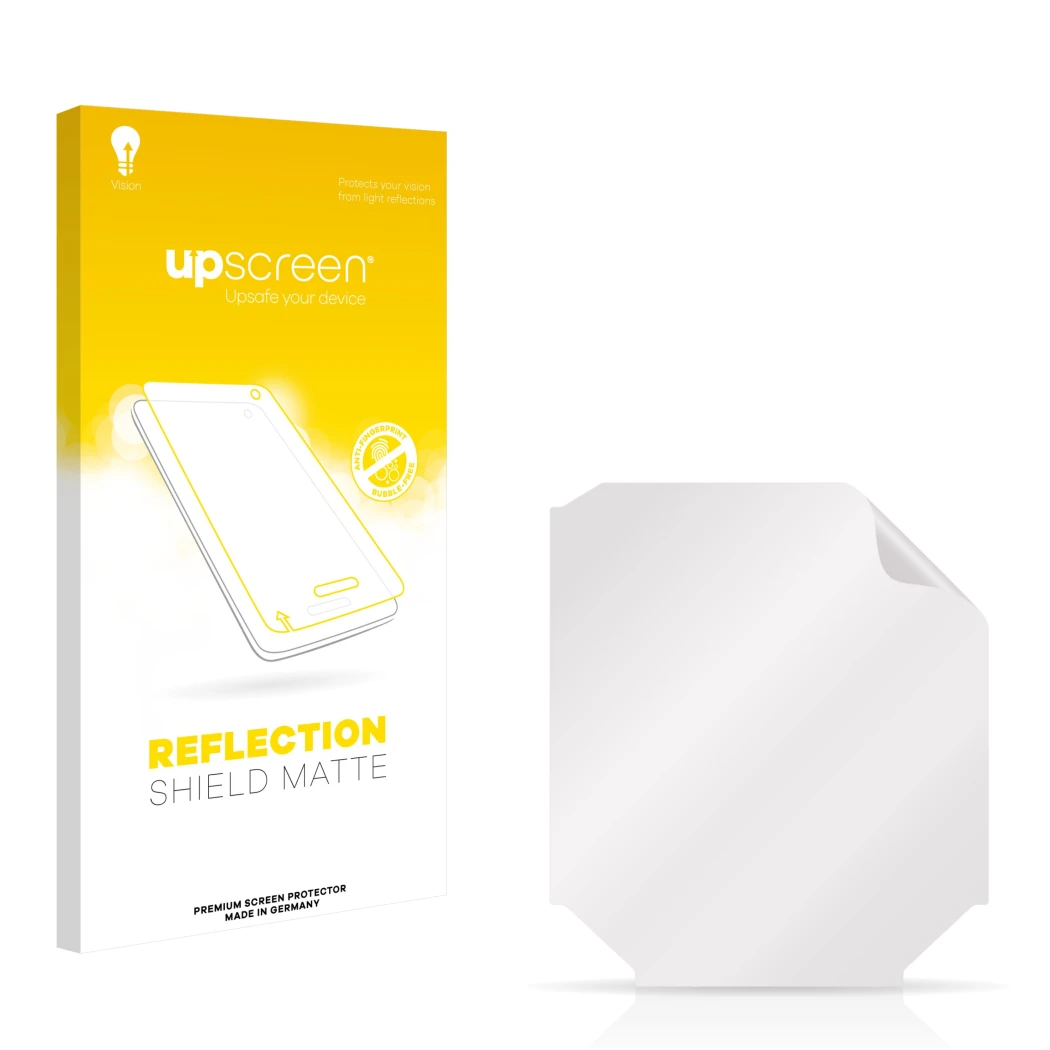 Front side of a product packaging with the brand logo upscreen. Next to it is the corresponding screen protector.