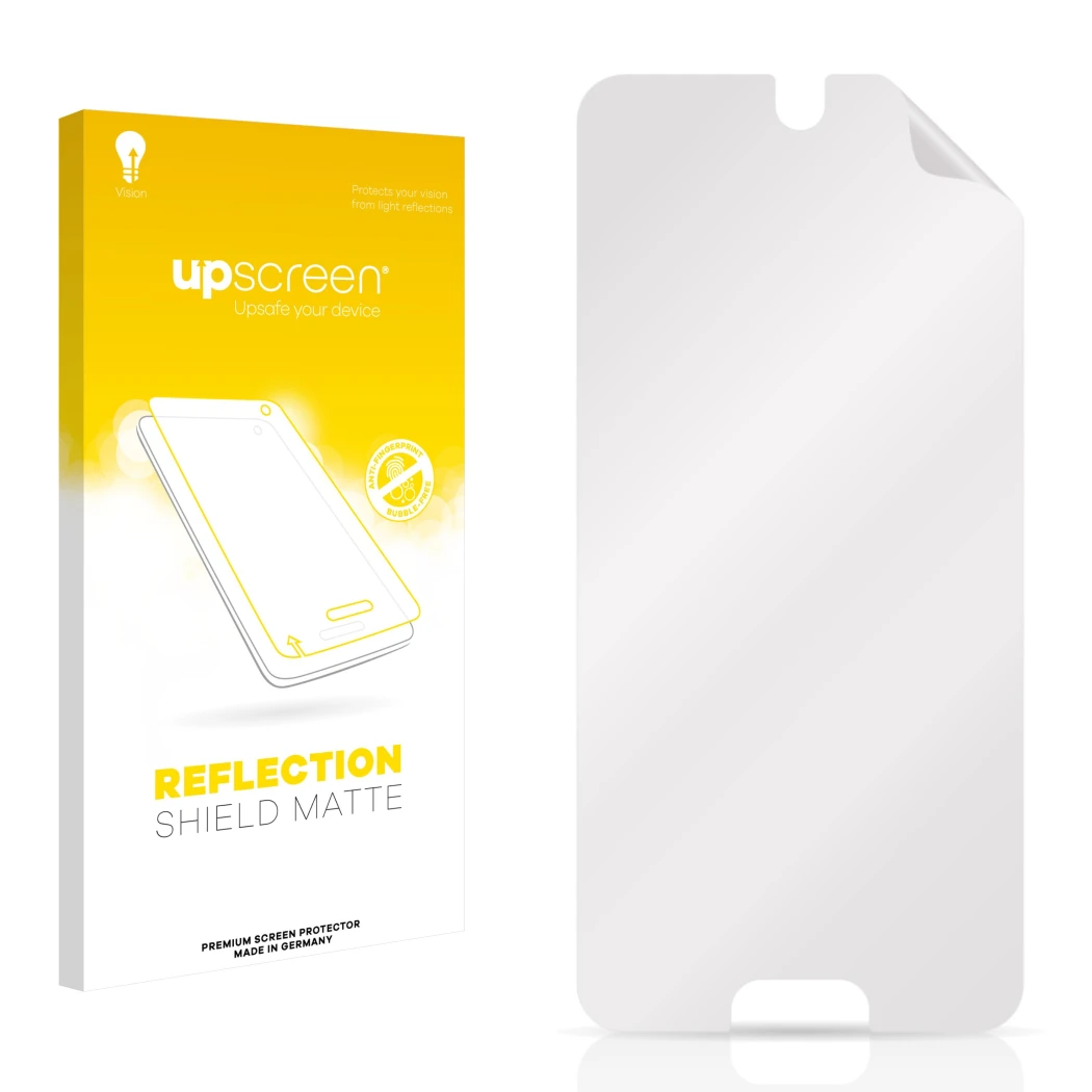 Front side of a product packaging with the brand logo upscreen. Next to it is the corresponding screen protector.