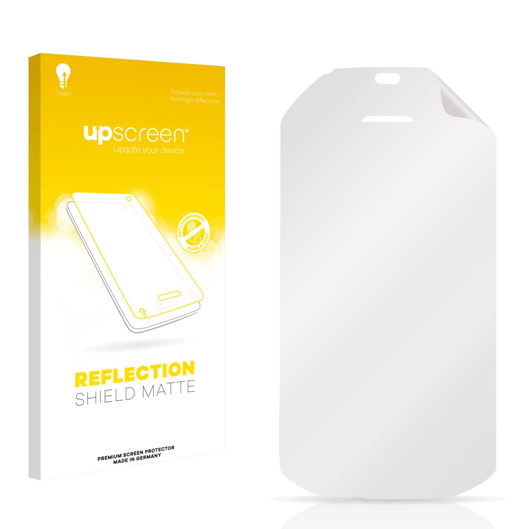 Front side of a product packaging with the brand logo upscreen. Next to it is the corresponding screen protector.