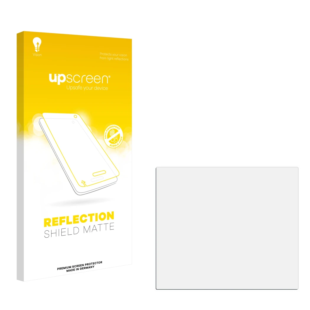 Front side of a product packaging with the brand logo upscreen. Next to it is the corresponding screen protector.