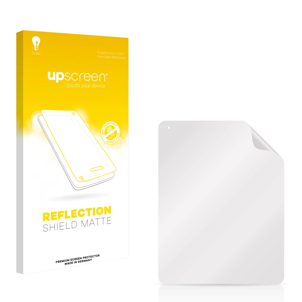 Front side of a product packaging with the brand logo upscreen. Next to it is the corresponding screen protector.
