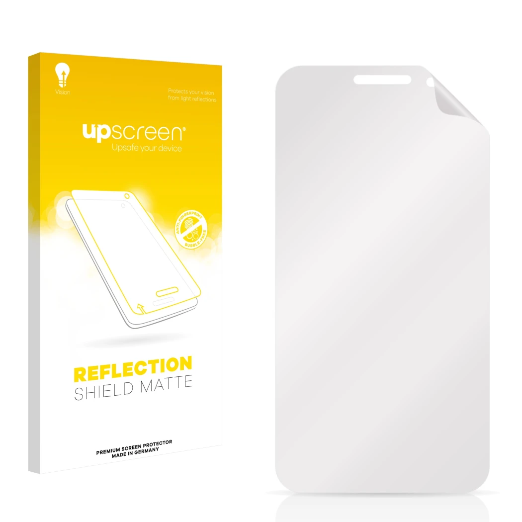 Front side of a product packaging with the brand logo upscreen. Next to it is the corresponding screen protector.