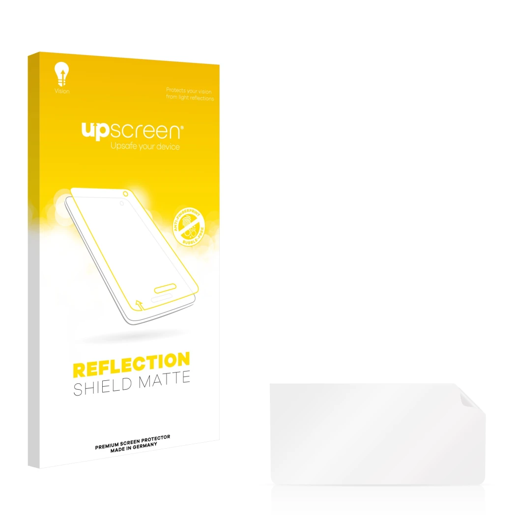 Front side of a product packaging with the brand logo upscreen. Next to it is the corresponding screen protector.