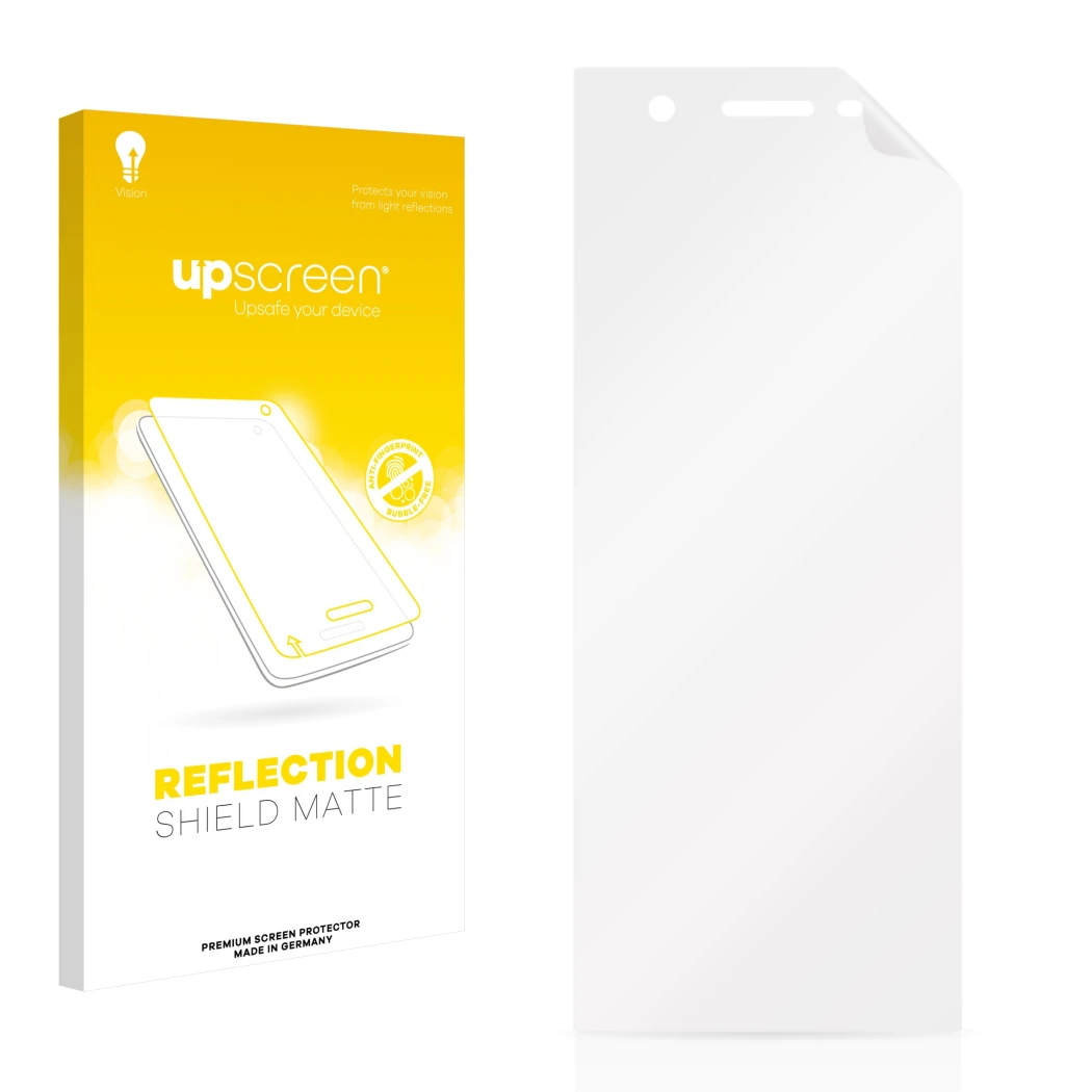 Front side of a product packaging with the brand logo upscreen. Next to it is the corresponding screen protector.