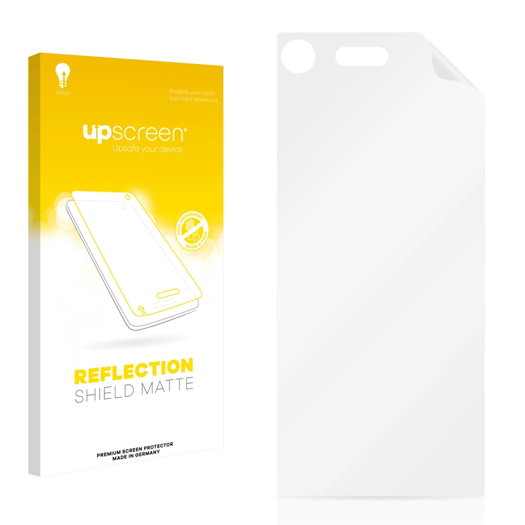 Front side of a product packaging with the brand logo upscreen. Next to it is the corresponding screen protector.