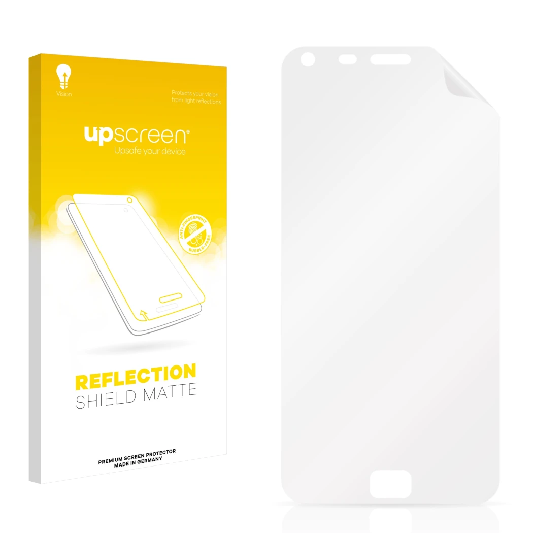Front side of a product packaging with the brand logo upscreen. Next to it is the corresponding screen protector.