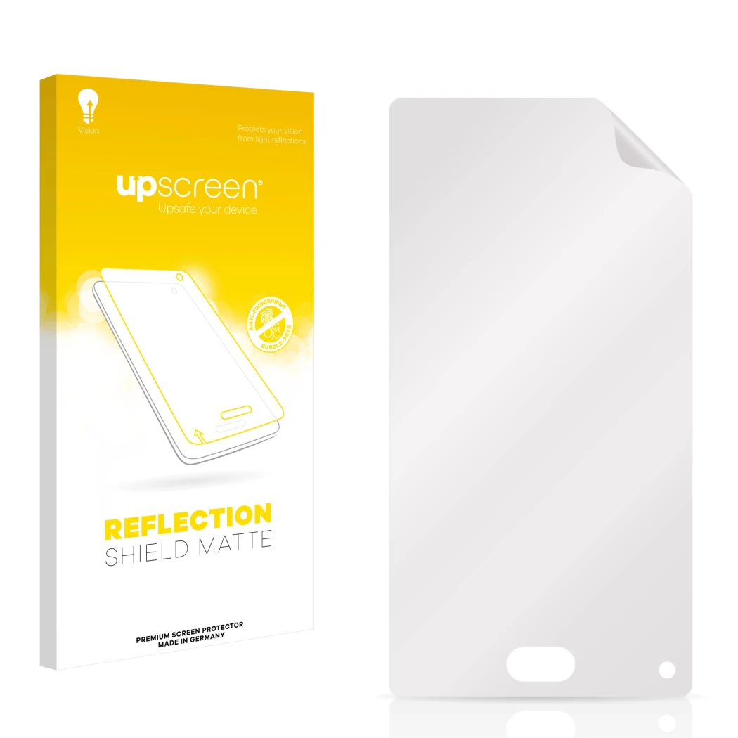 Front side of a product packaging with the brand logo upscreen. Next to it is the corresponding screen protector.