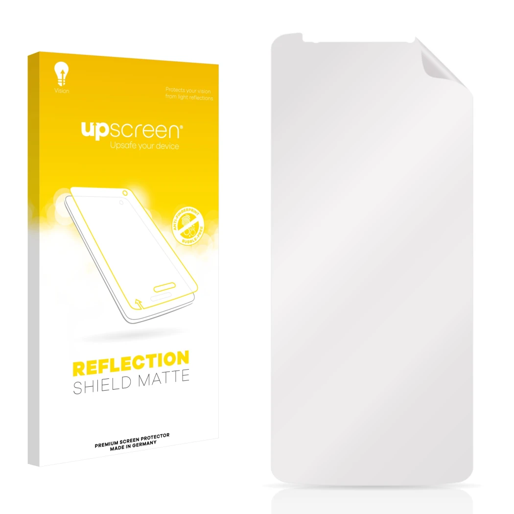 Front side of a product packaging with the brand logo upscreen. Next to it is the corresponding screen protector.