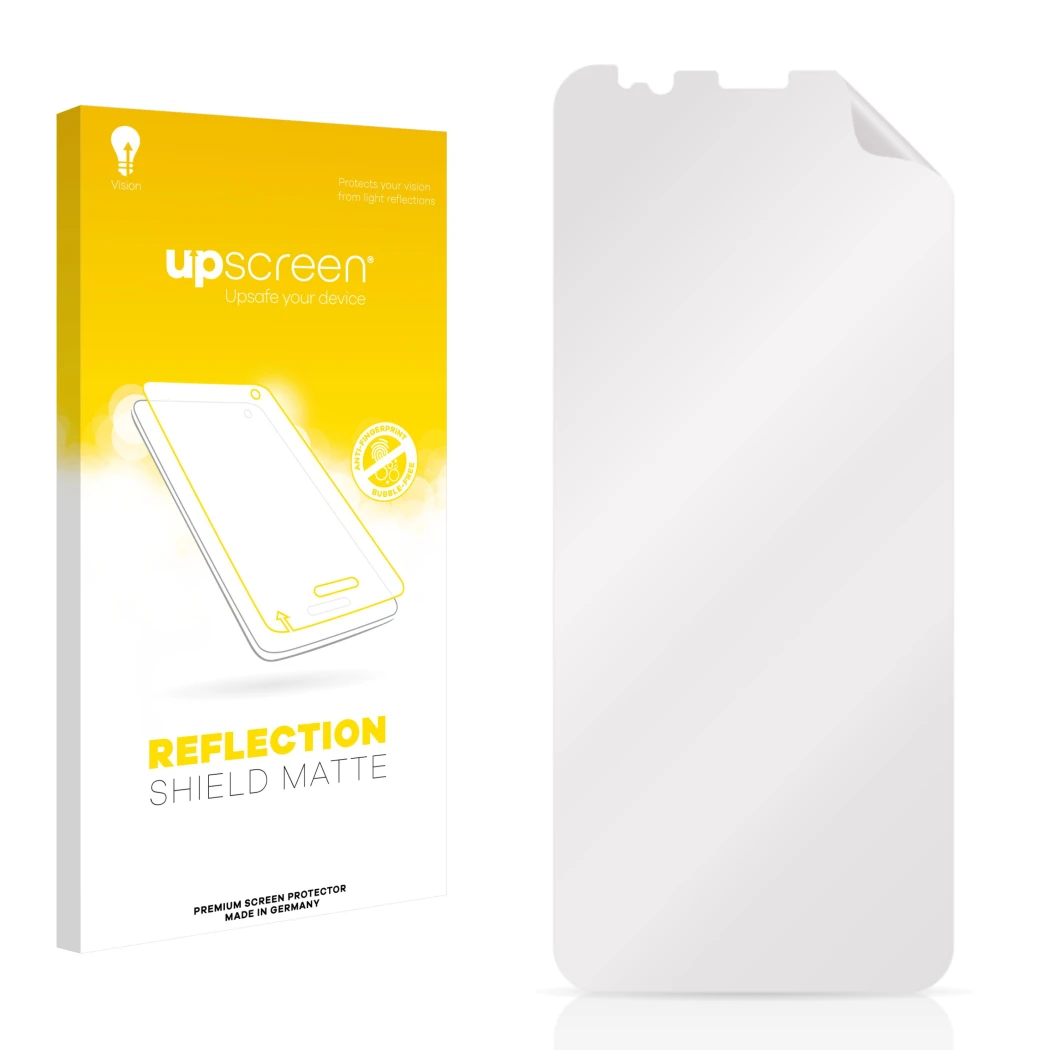 Front side of a product packaging with the brand logo upscreen. Next to it is the corresponding screen protector.