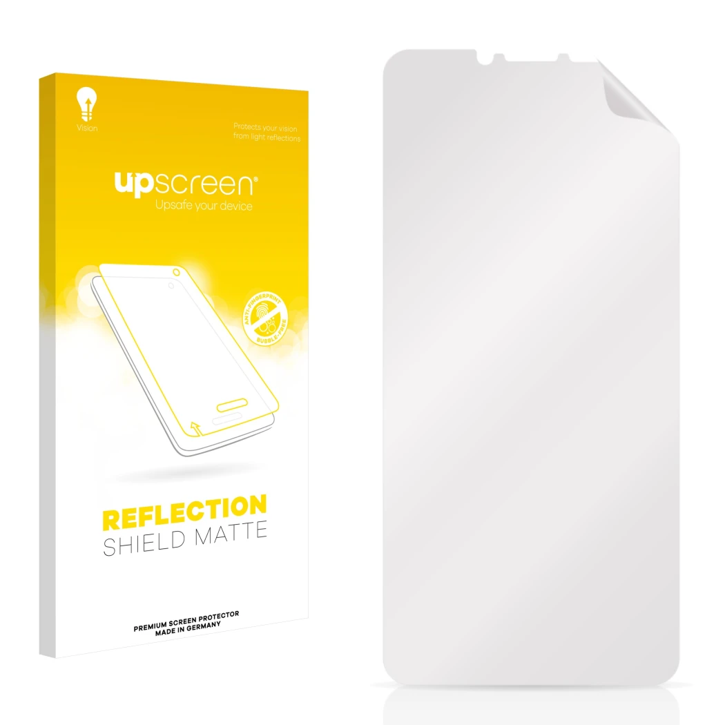 Front side of a product packaging with the brand logo upscreen. Next to it is the corresponding screen protector.